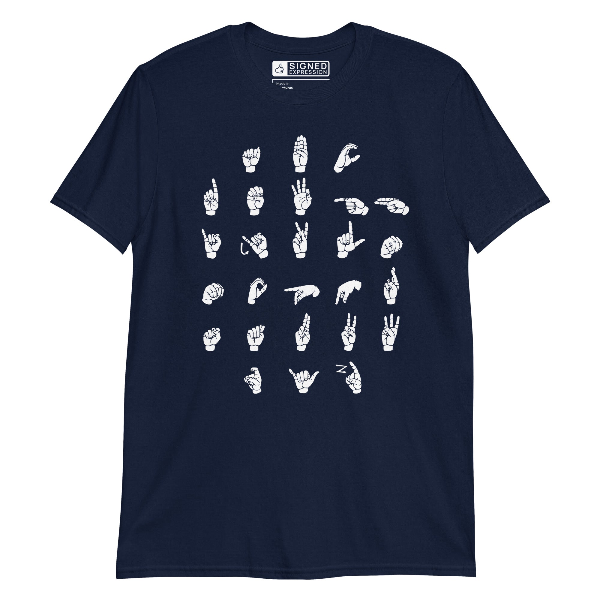 Front view of a navy t-shirt with ASL Alphabet - White Fingerspelling