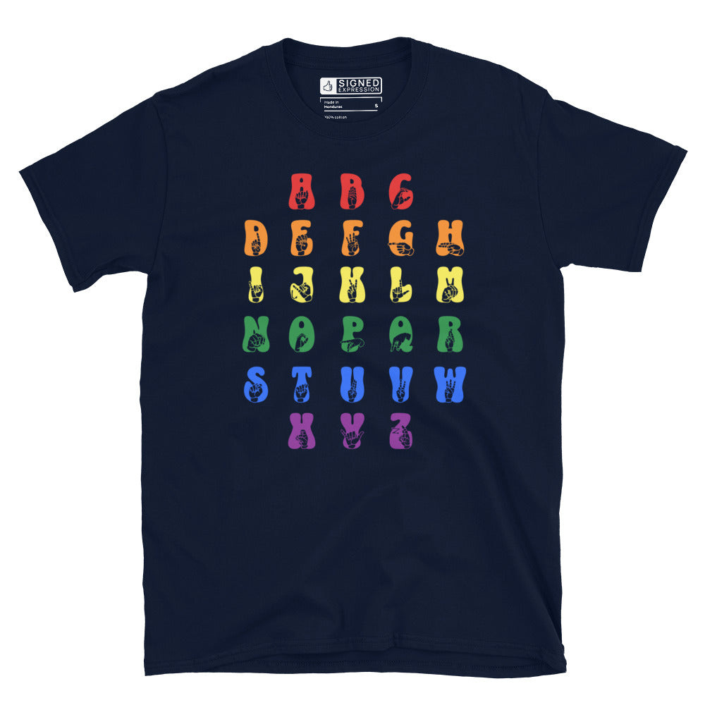 Front view of a navy t-shirt with ASL Alphabet - Pride Fingerspelling & Text