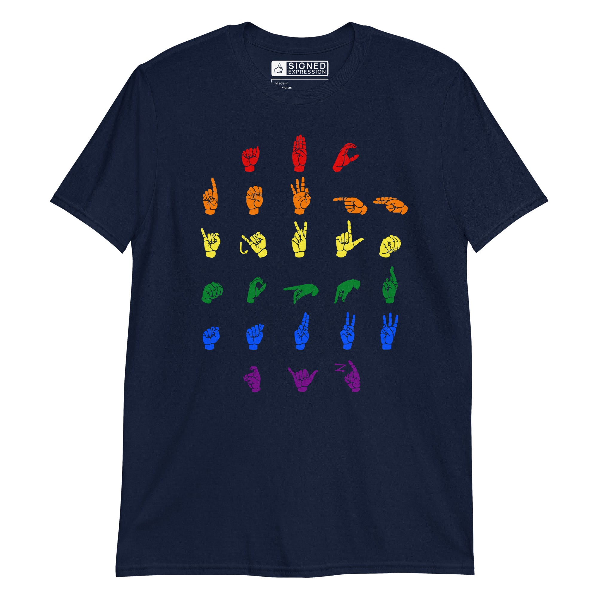 Front view of a navy t-shirt with ASL Alphabet - Pride Fingerspelling