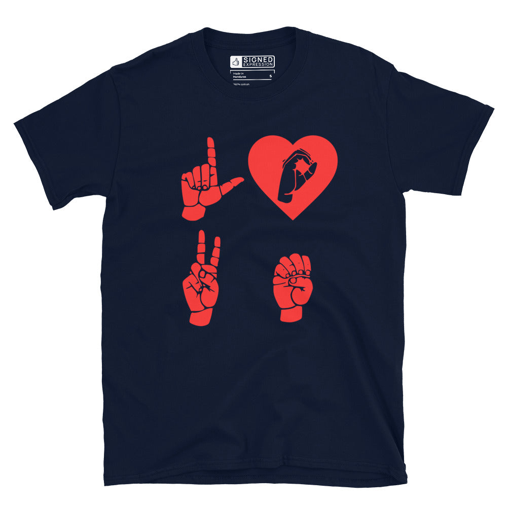 Navy coloured  T-Shirt with the word Love in red ASL Fingerspelling with the 'O' embedded in a heart shape