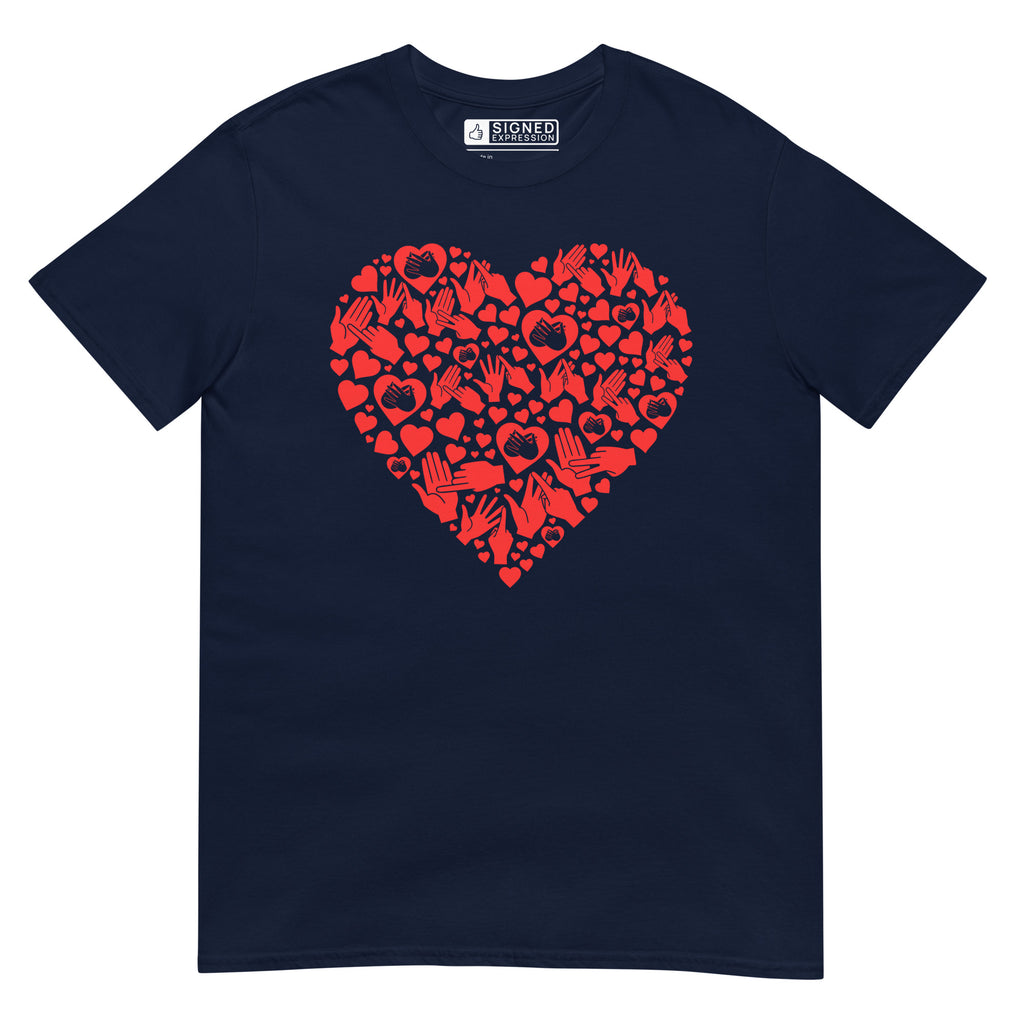 Navy coloured T-Shirt showing a red  coloured heart shaped mosaic formed from smaller love hearts, BSL fingerspelling that spells LOVE, and heart shapes embedded with the BSL sign for love