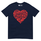 Navy coloured T-Shirt showing a red  coloured heart shaped mosaic formed from smaller love hearts, BSL fingerspelling that spells LOVE, and heart shapes embedded with the BSL sign for love
