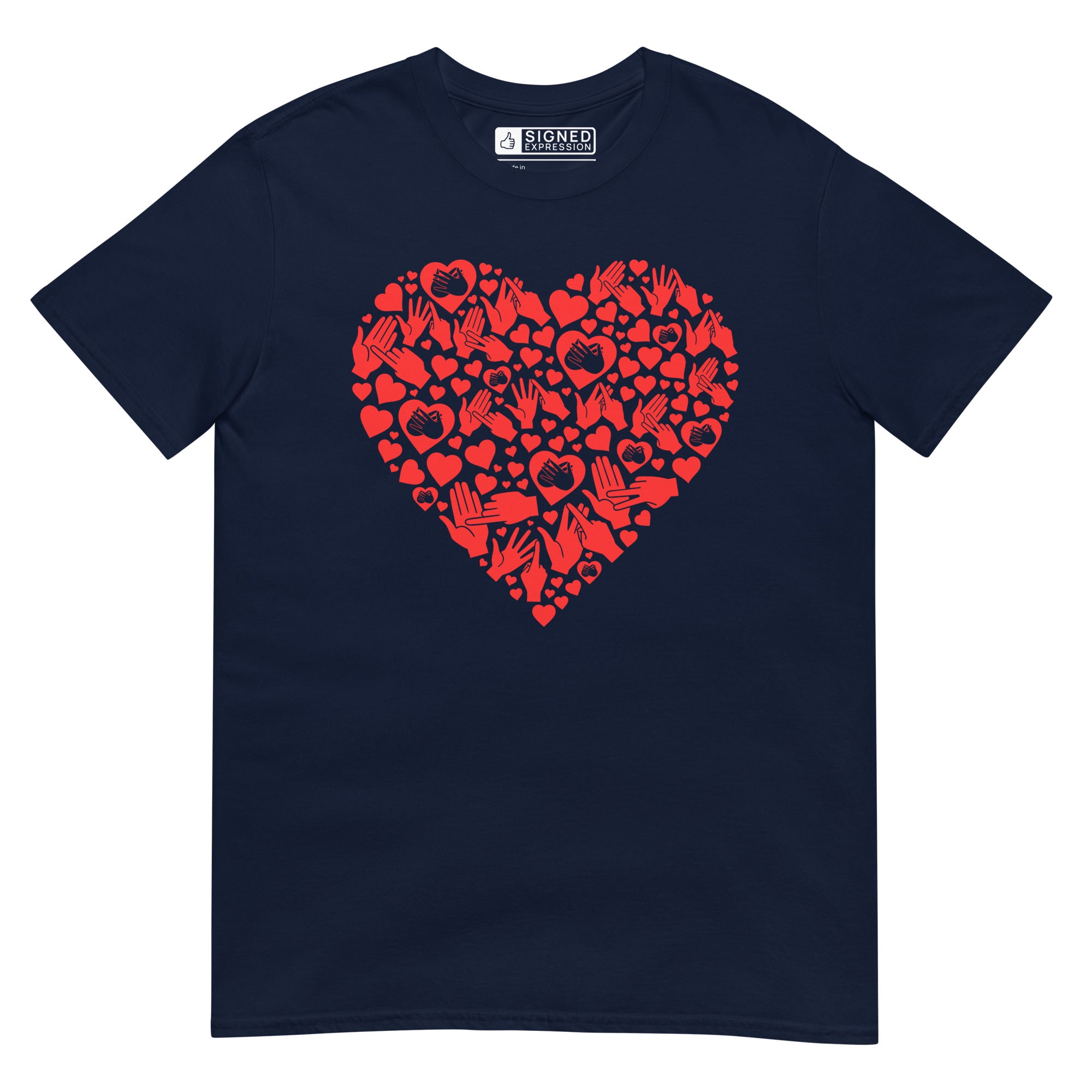 Navy coloured T-Shirt showing a red  coloured heart shaped mosaic formed from smaller love hearts, BSL fingerspelling that spells LOVE, and heart shapes embedded with the BSL sign for love