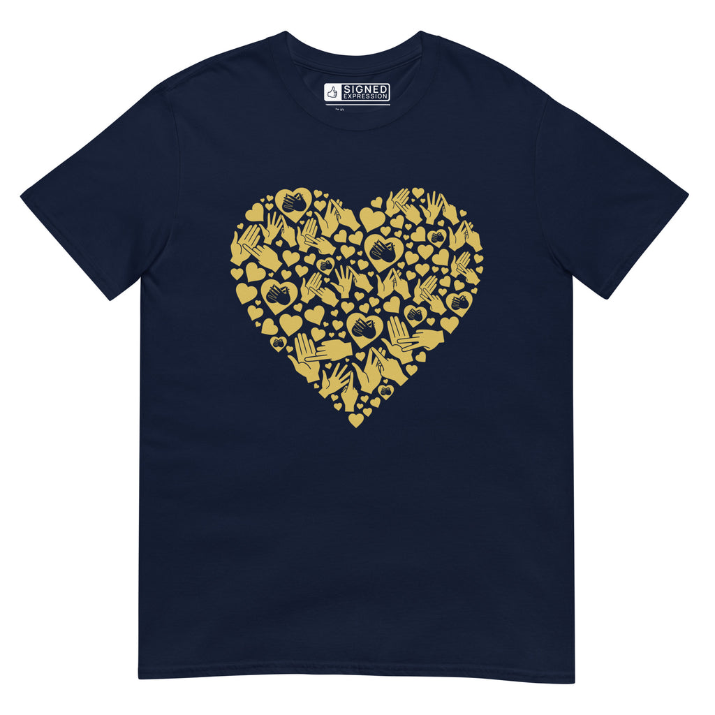 Navy coloured T-Shirt showing a gold coloured heart shaped mosaic formed from smaller love hearts, BSL fingerspelling that spells LOVE, and heart shapes embedded with the BSL sign for love