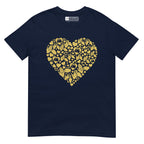 Navy coloured T-Shirt showing a gold coloured heart shaped mosaic formed from smaller love hearts, BSL fingerspelling that spells LOVE, and heart shapes embedded with the BSL sign for love