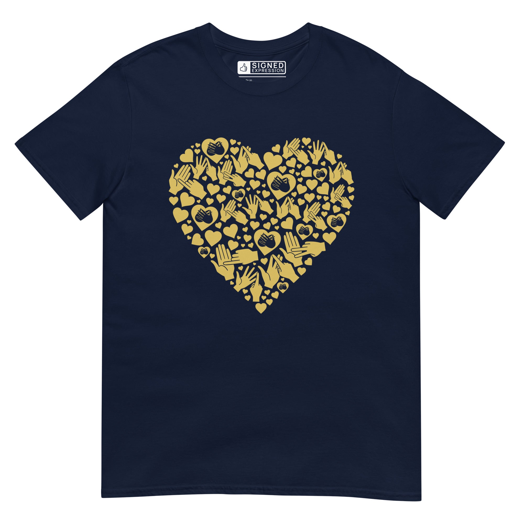 Navy coloured T-Shirt showing a gold coloured heart shaped mosaic formed from smaller love hearts, BSL fingerspelling that spells LOVE, and heart shapes embedded with the BSL sign for love