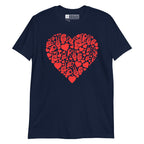 Navy coloured T-Shirt showing a red  coloured heart shaped mosaic formed from smaller love hearts, ASL fingerspelling that spells LOVE, and the ASL sign for I love you