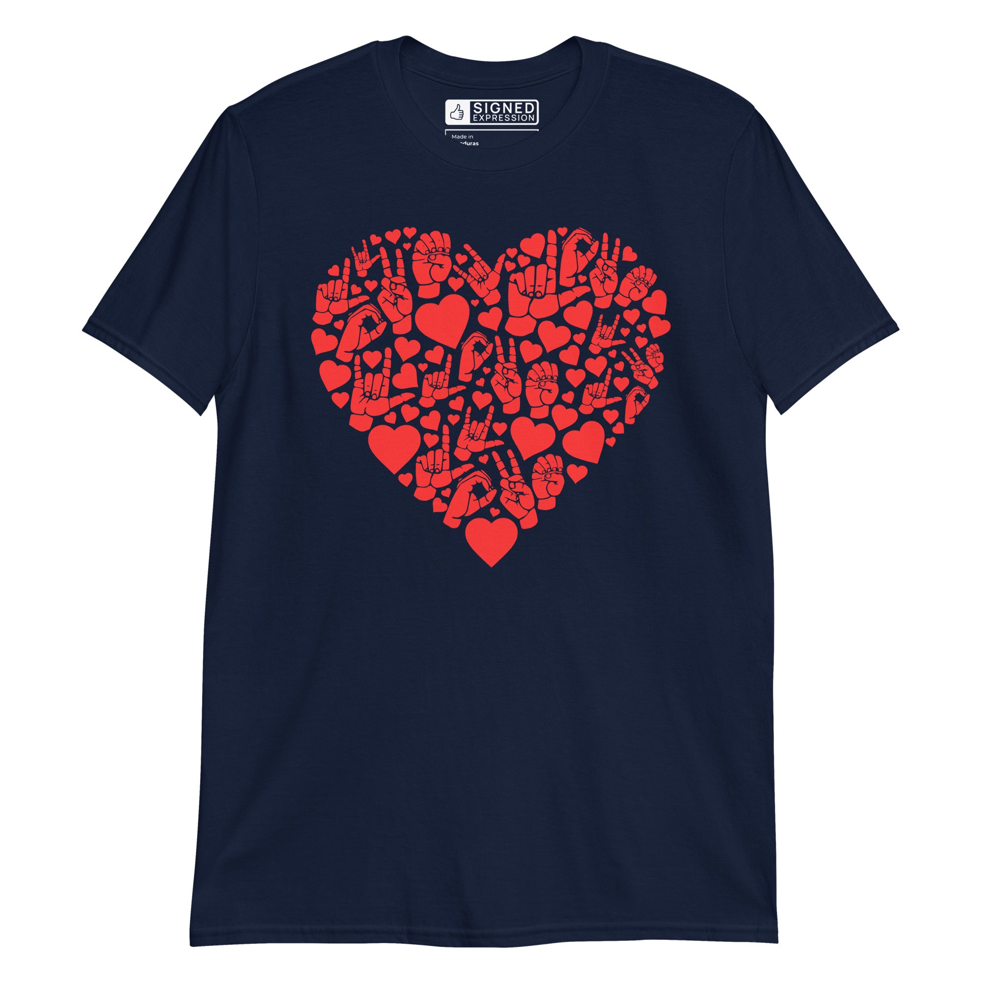 Navy coloured T-Shirt showing a red  coloured heart shaped mosaic formed from smaller love hearts, ASL fingerspelling that spells LOVE, and the ASL sign for I love you