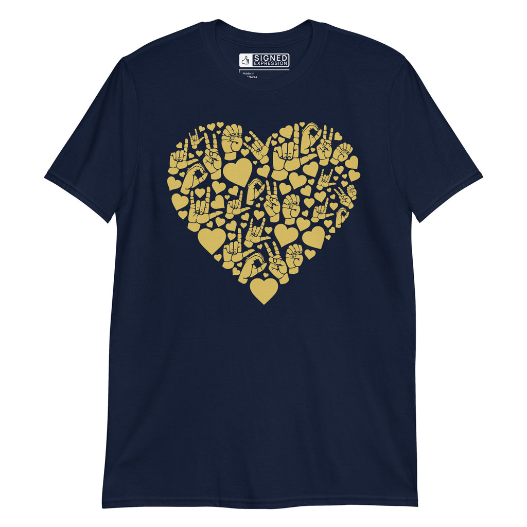Navy colored T-Shirt showing a gold colored heart shaped mosaic formed from smaller love hearts, ASL fingerspelling that spells LOVE, and the ASL sign for I love you