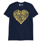 Navy colored T-Shirt showing a gold colored heart shaped mosaic formed from smaller love hearts, ASL fingerspelling that spells LOVE, and the ASL sign for I love you