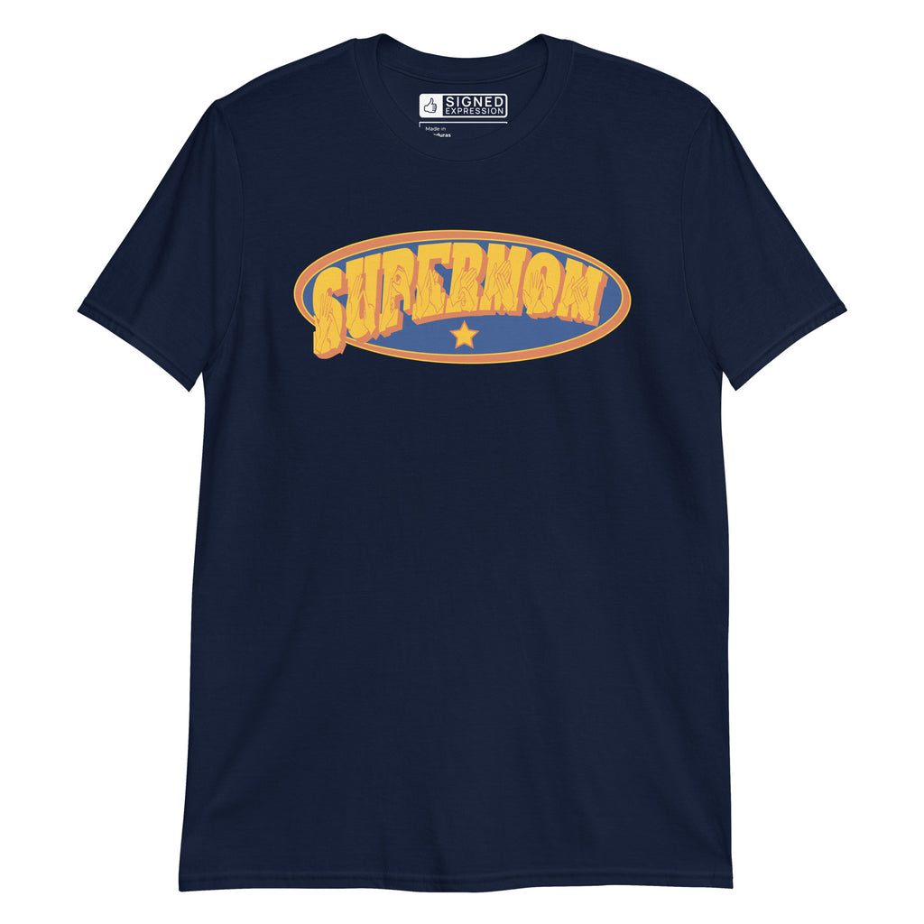 Navy coloured T-Shirt showing a Supermom BSL design