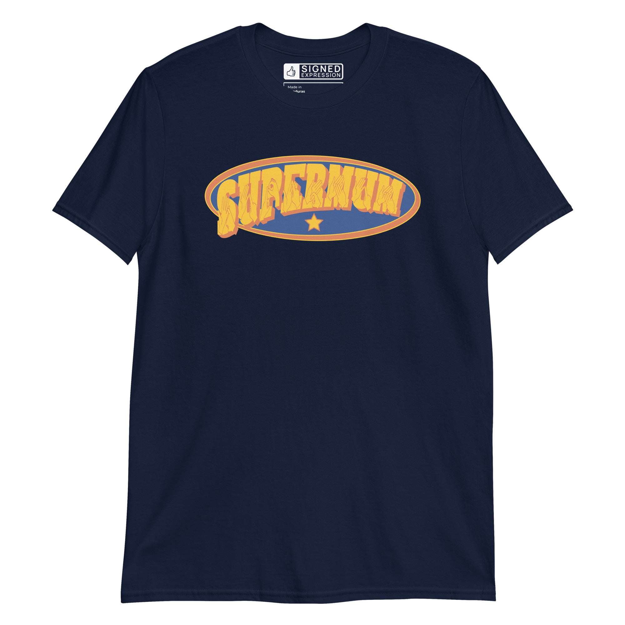 Navy coloured T-Shirt showing a Supermum BSL design