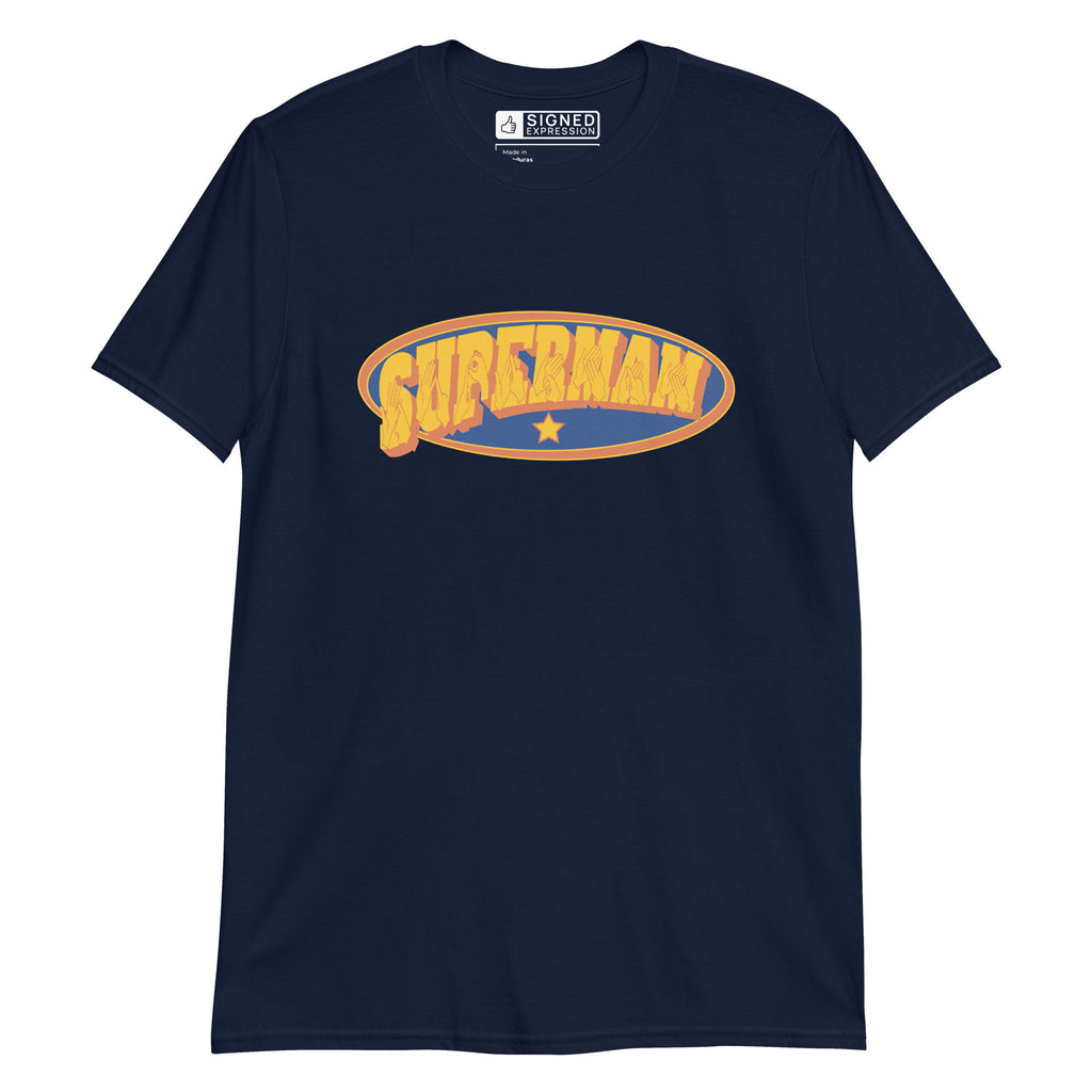 Navy coloured T-Shirt showing a Supermam BSL design