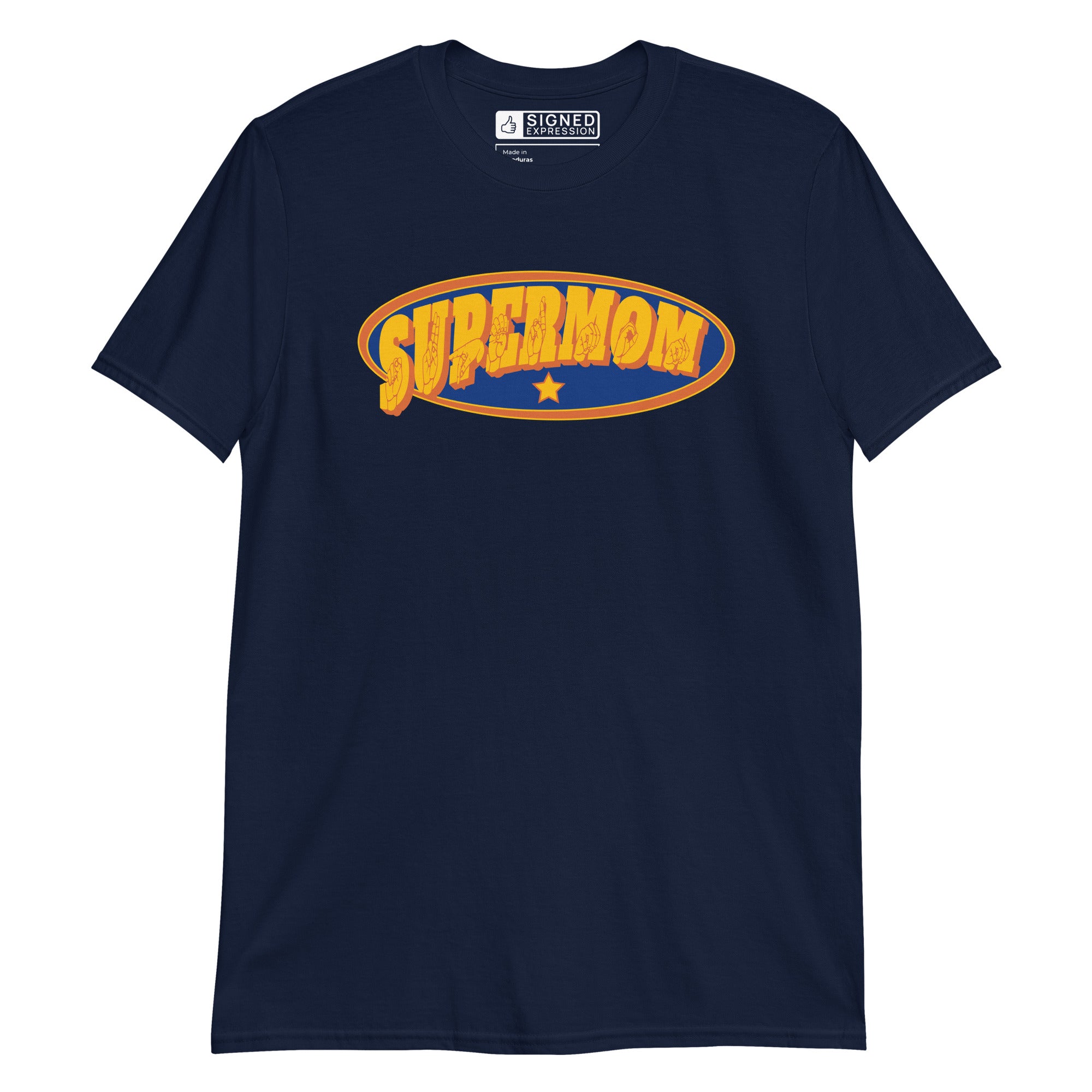 Navy colored T-Shirt showing a Supermom ASL design