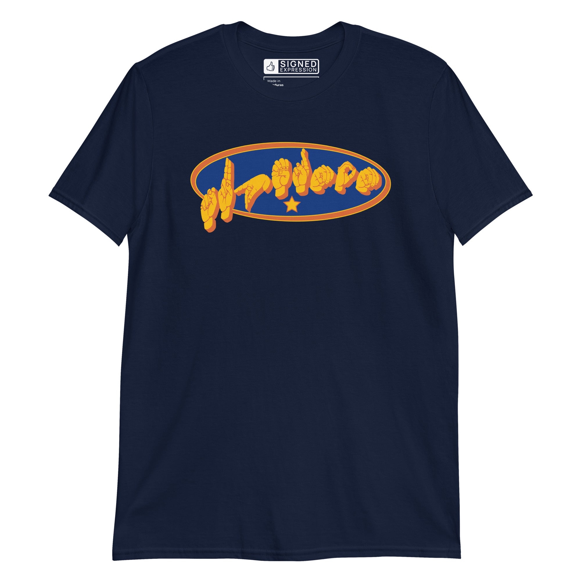 Navy colored T-Shirt showing a Supermom ASL fingerspelling design