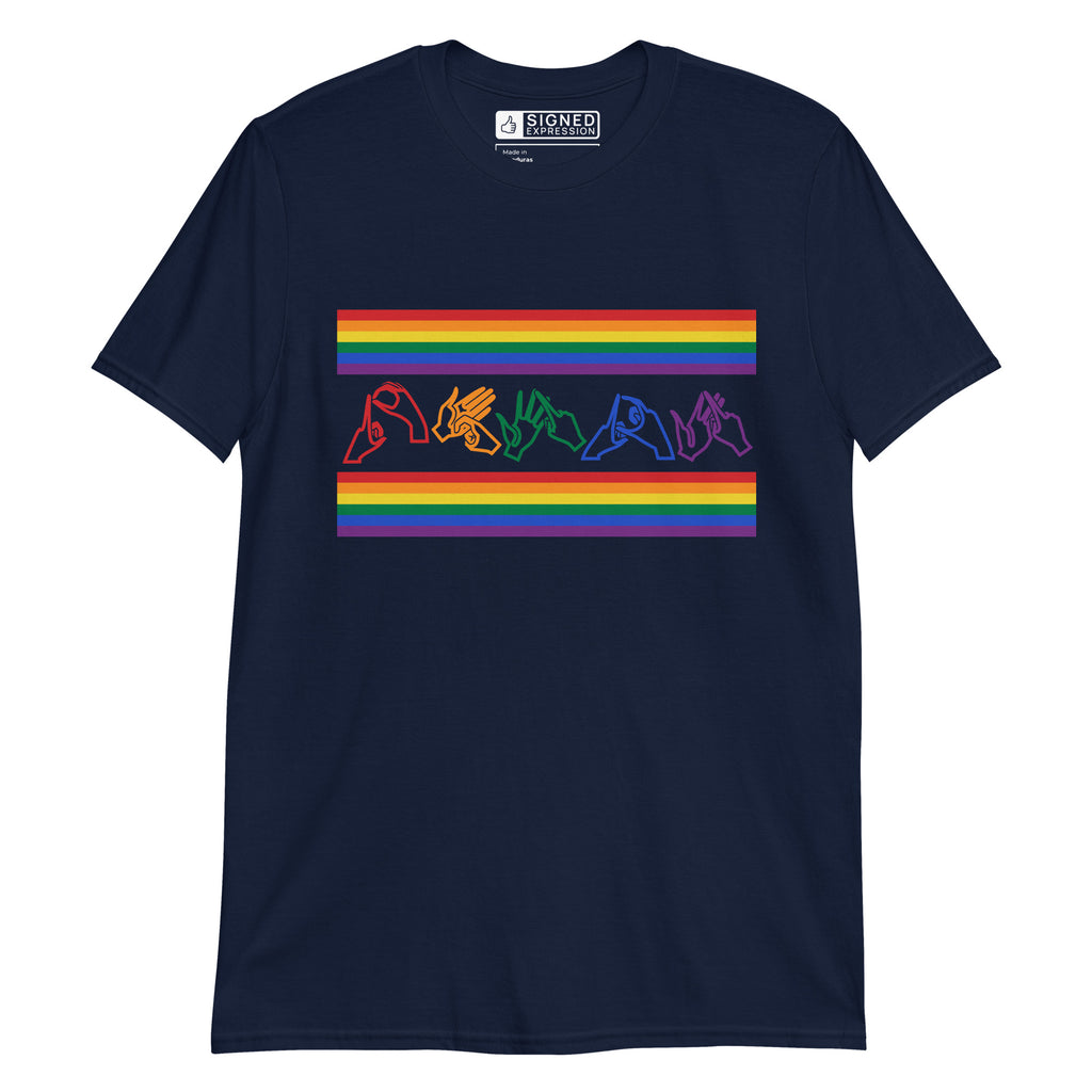 Navy t-shirt with pride rainbow stripes and the word pride in BSL fingerspelling