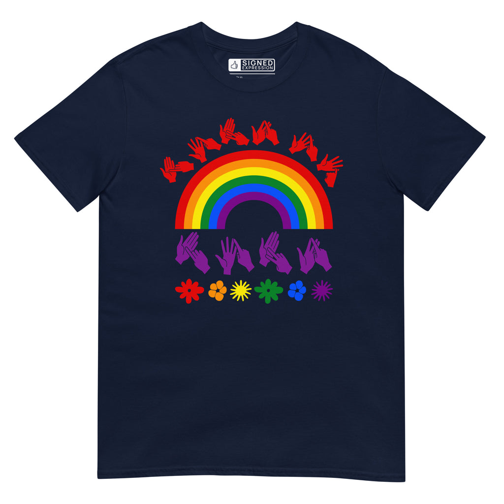Navy t-shirt with pride rainbow surrounded by the phrase "Love Is Love" in BSL fingerspelling