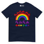 Navy t-shirt with pride rainbow surrounded by the phrase "Love Is Love" in BSL fingerspelling