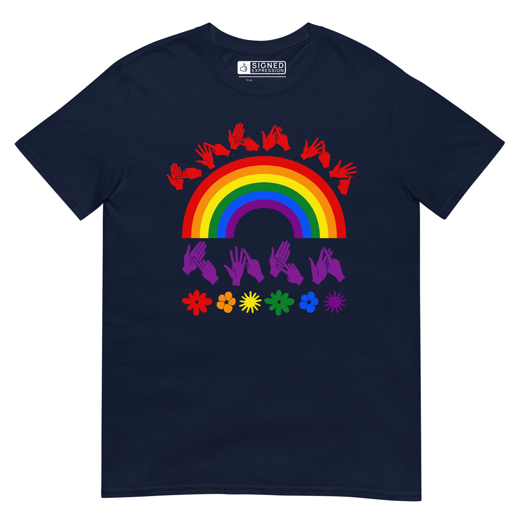 Navy t-shirt with pride rainbow surrounded by the phrase "Love Is Love" in BSL fingerspelling