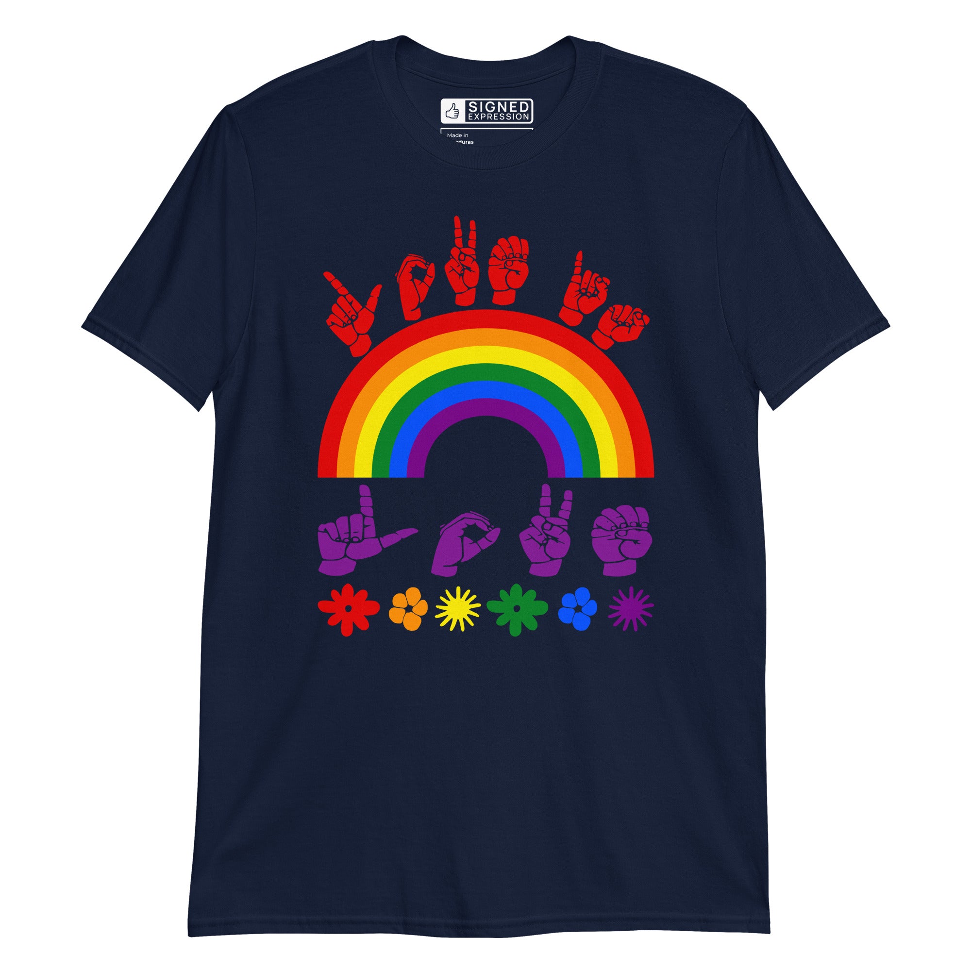 Navy t-shirt with pride rainbow surrounded by the phrase "Love Is Love" in ASL fingerspelling