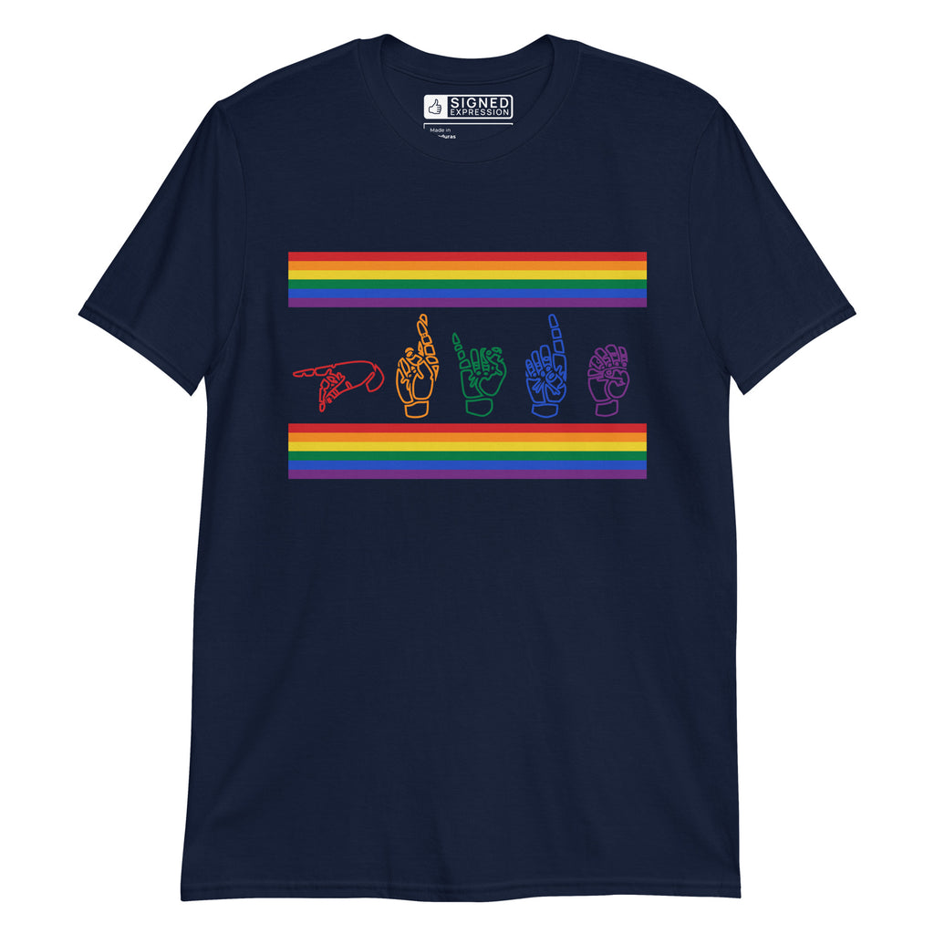 Navy t-shirt with pride rainbow stripes and the word pride in ASL fingerspelling