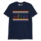 Navy t-shirt with pride rainbow stripes and the word pride in ASL fingerspelling