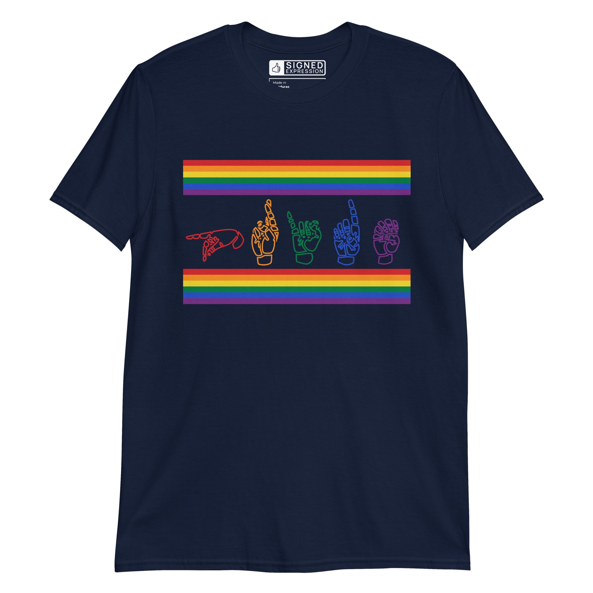 Navy t-shirt with pride rainbow stripes and the word pride in ASL fingerspelling