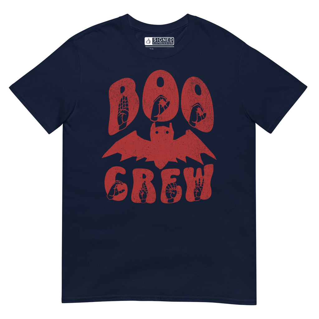 Navy Boo Crew bat Halloween t-shirt with ASL design.