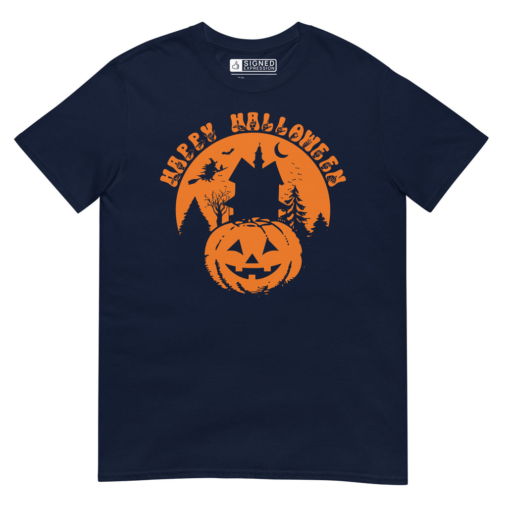 Navy Happy Halloween pumpkin haunted house t-shirt with ASL design