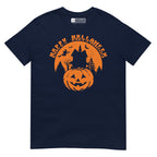 Navy Happy Halloween pumpkin haunted house t-shirt with ASL design