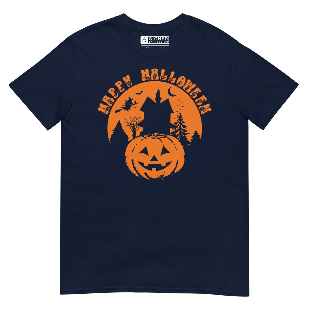 Navy Happy Halloween pumpkin haunted house t-shirt with ASL design