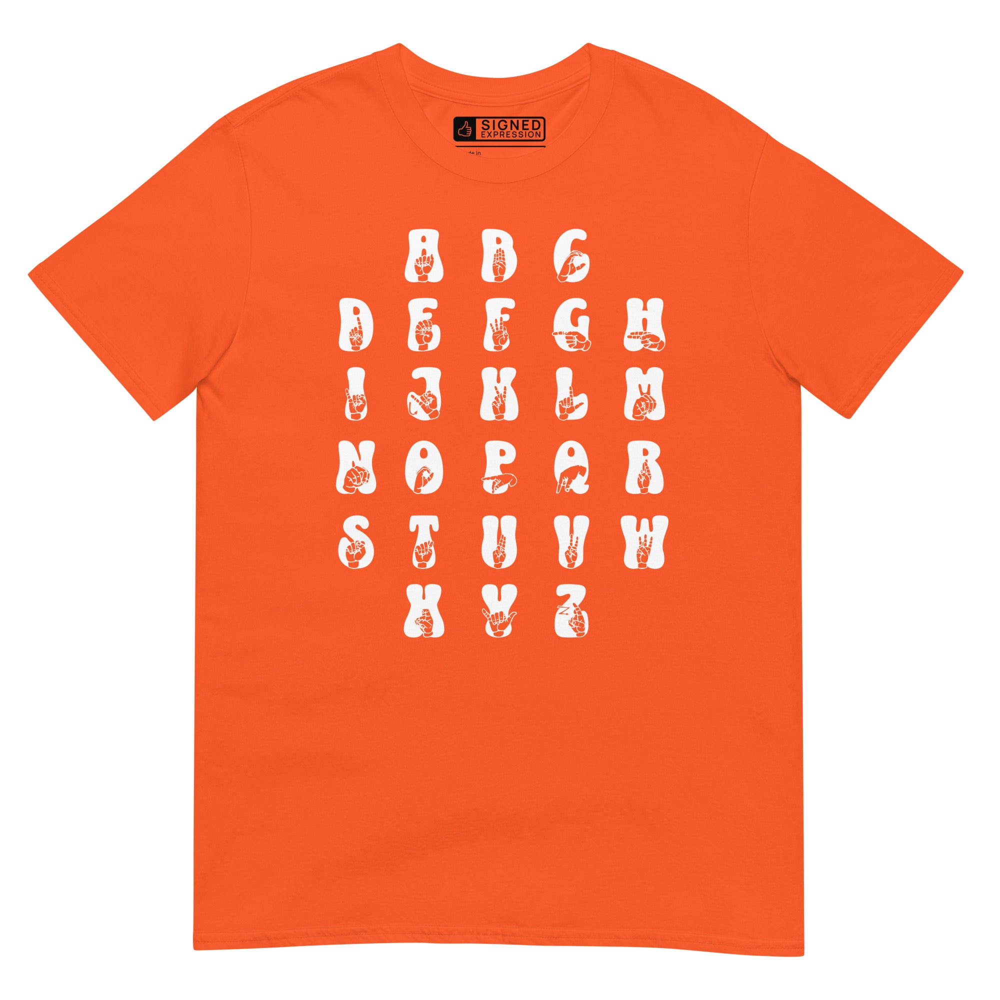 Front view of an orange t-shirt with ASL Alphabet - White Fingerspelling & Text