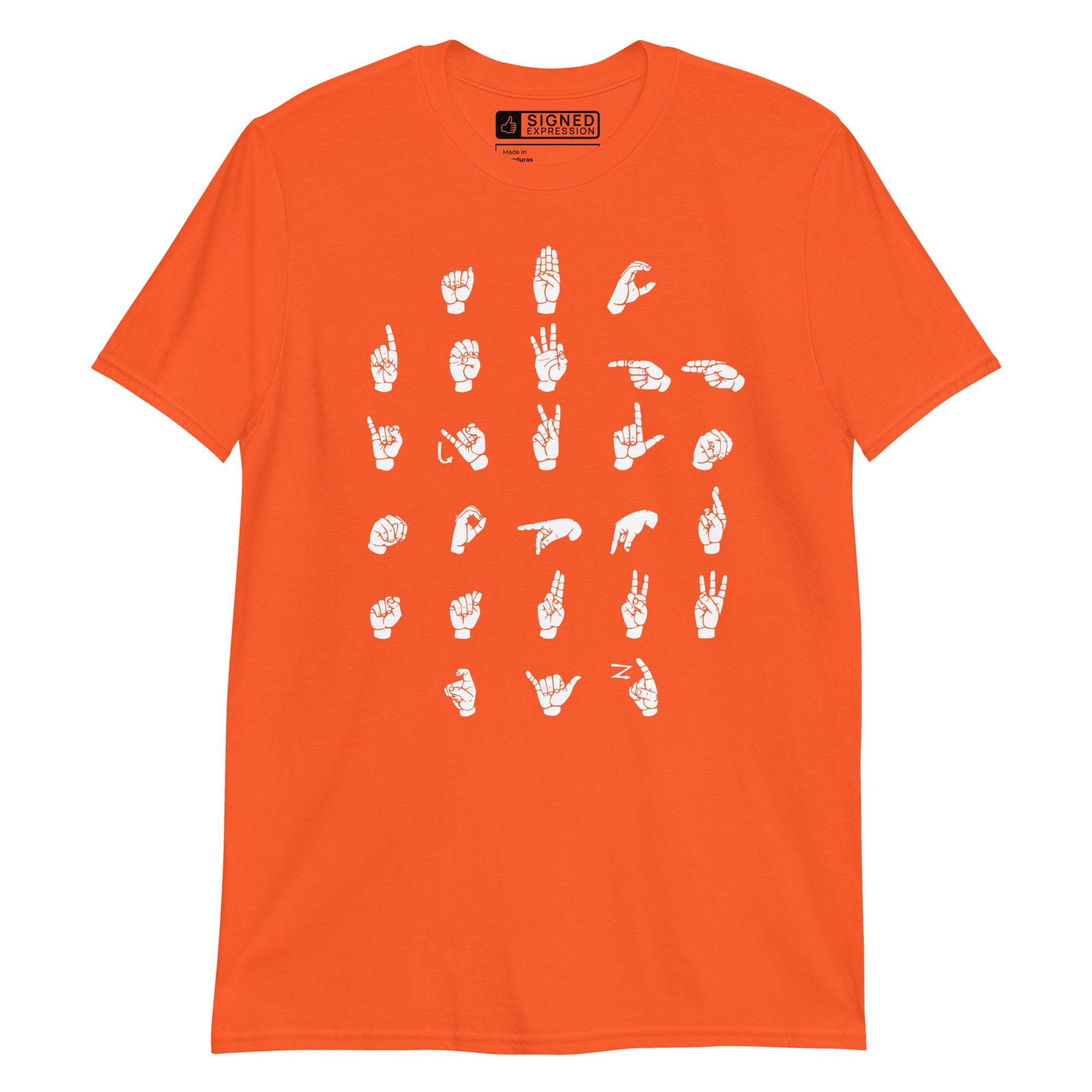 Front view of an orange t-shirt with ASL Alphabet - White Fingerspelling