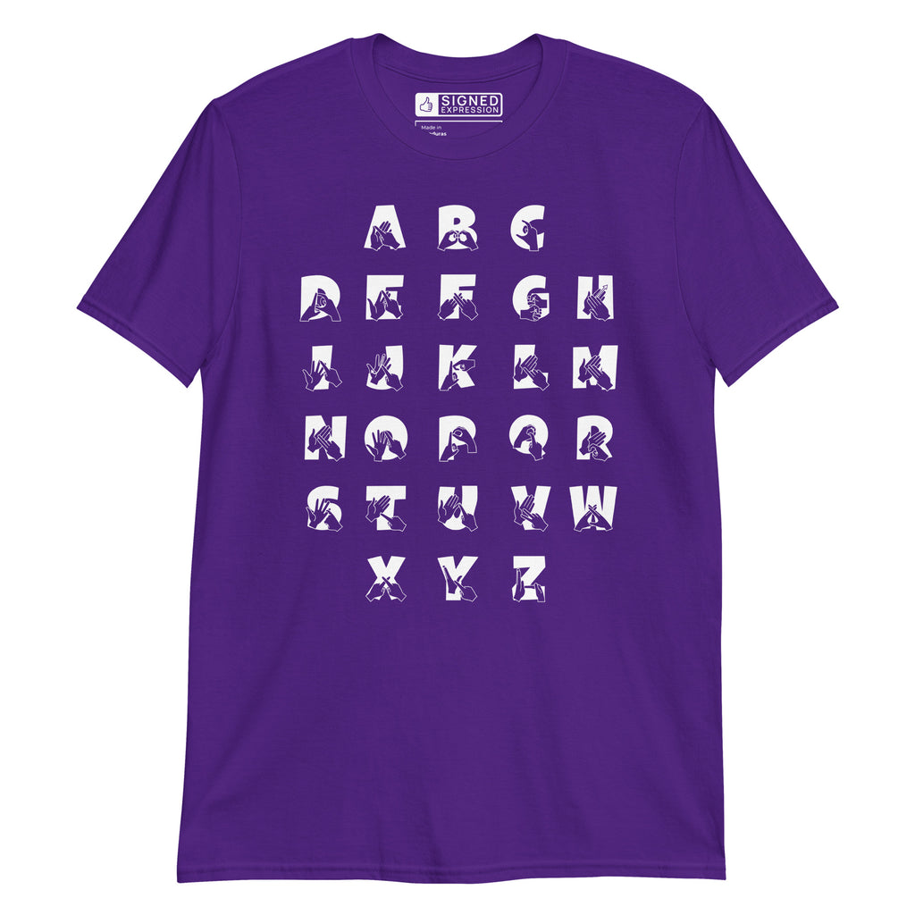 Front view of a purple t-shirt with BSL Alphabet - White Fingerspelling & Text