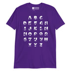 Front view of a purple t-shirt with BSL Alphabet - White Fingerspelling & Text