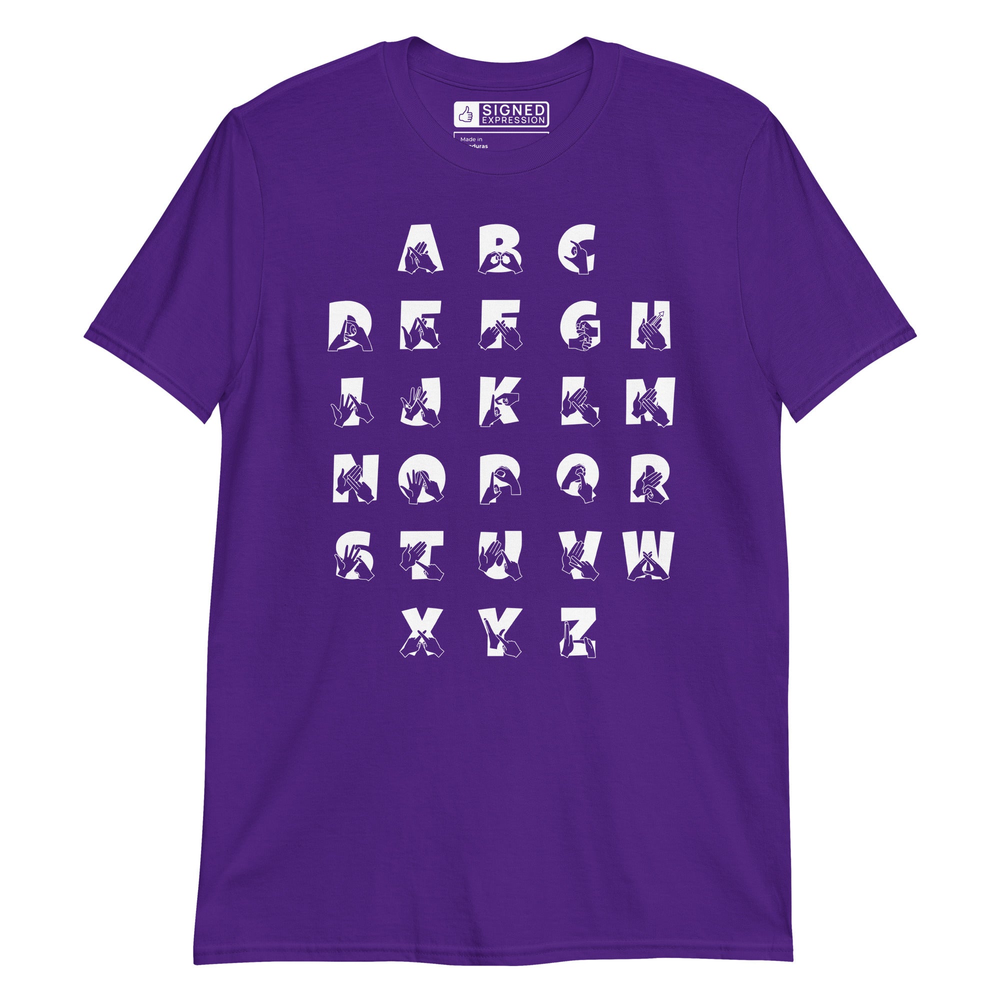 Front view of a purple t-shirt with BSL Alphabet - White Fingerspelling & Text