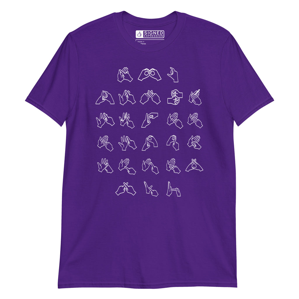 Front view of a purple t-shirt with BSL Alphabet - White Fingerspelling