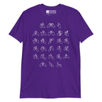 Front view of a purple t-shirt with BSL Alphabet - White Fingerspelling