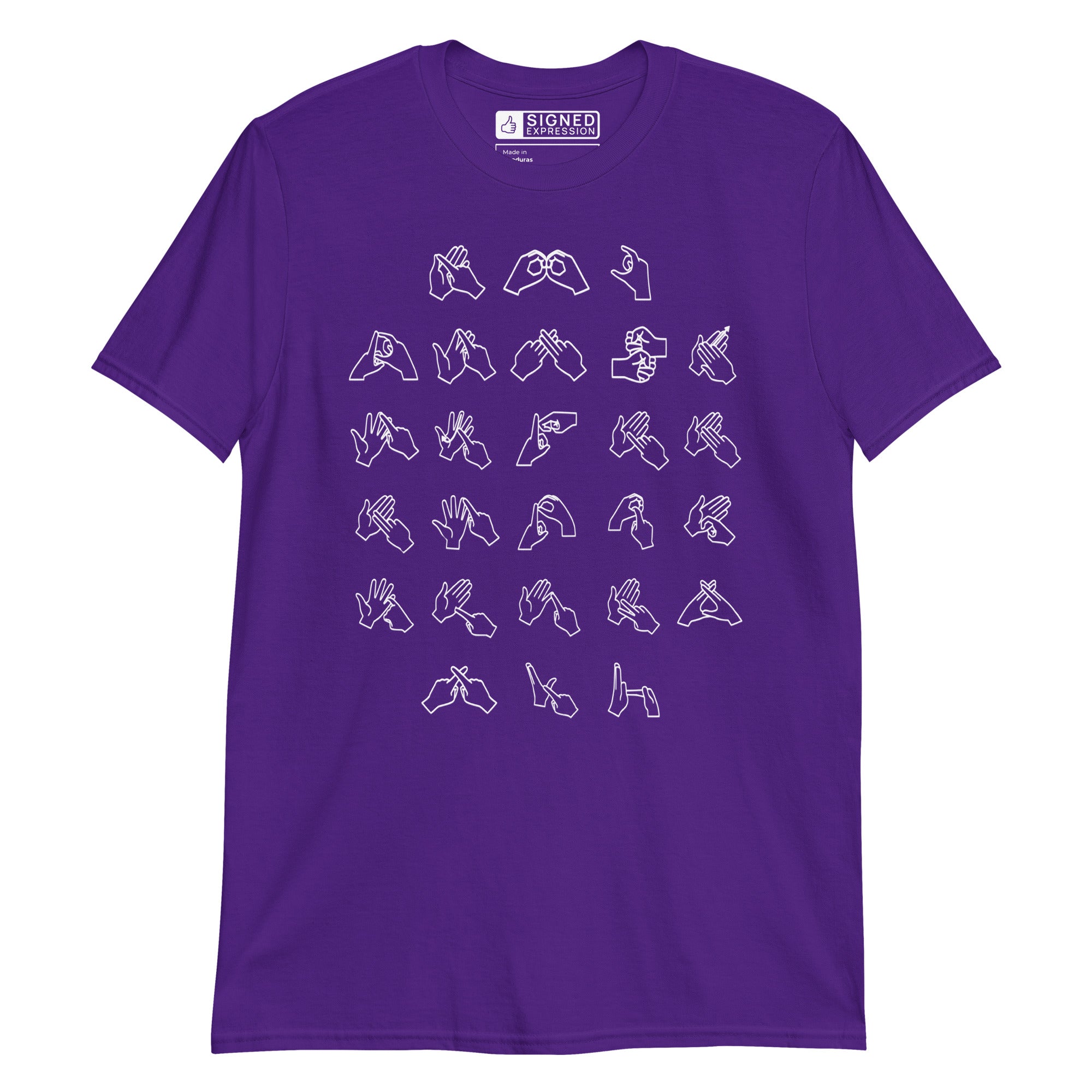 Front view of a purple t-shirt with BSL Alphabet - White Fingerspelling