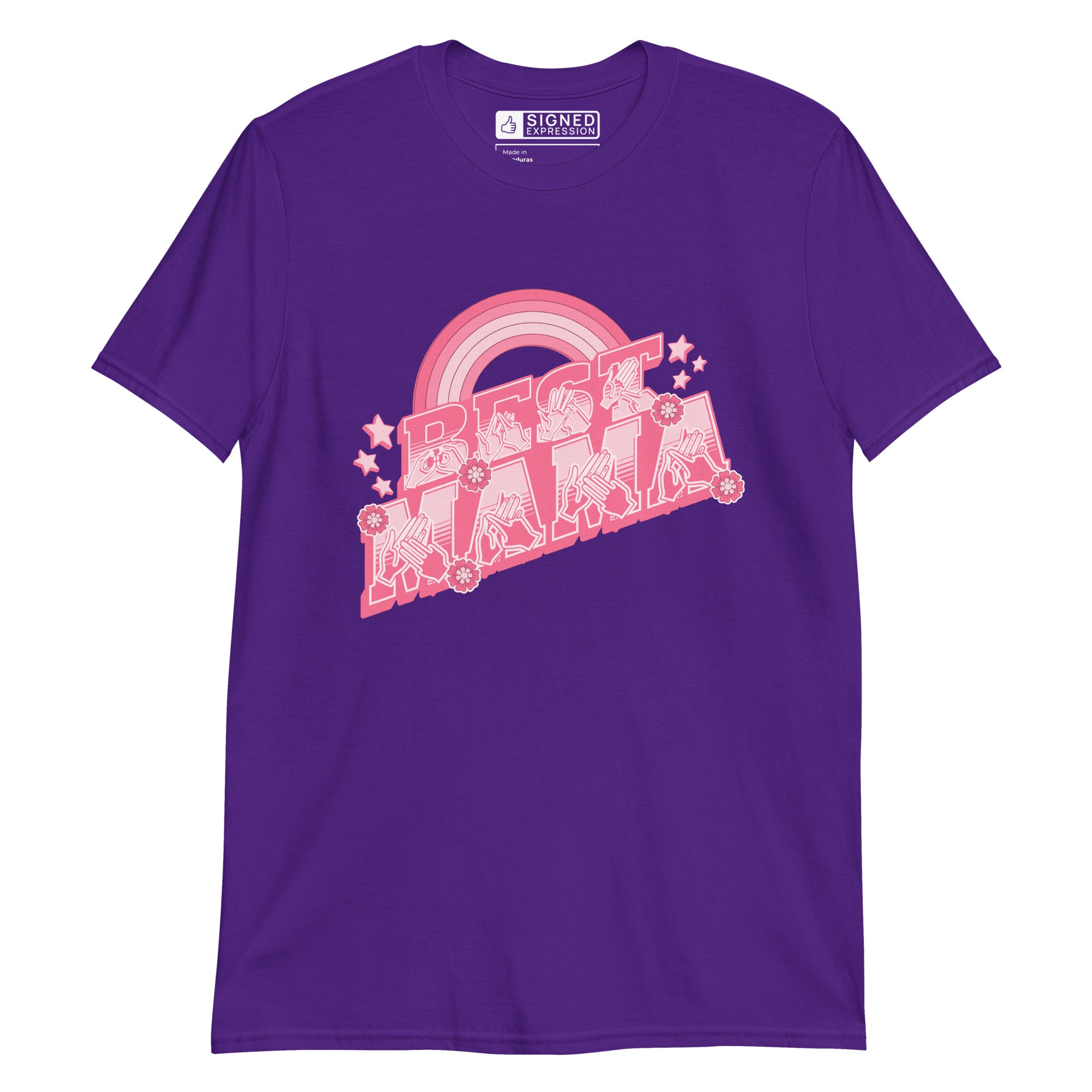 Purple T-shirt with ‘Best Mama’ shown in BSL fingerspelling and text, with rainbow, stars, and floral accents