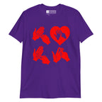 Purple coloured T-Shirt with the word Love in red BSL Fingerspelling with the 'O' embedded in a heart shape