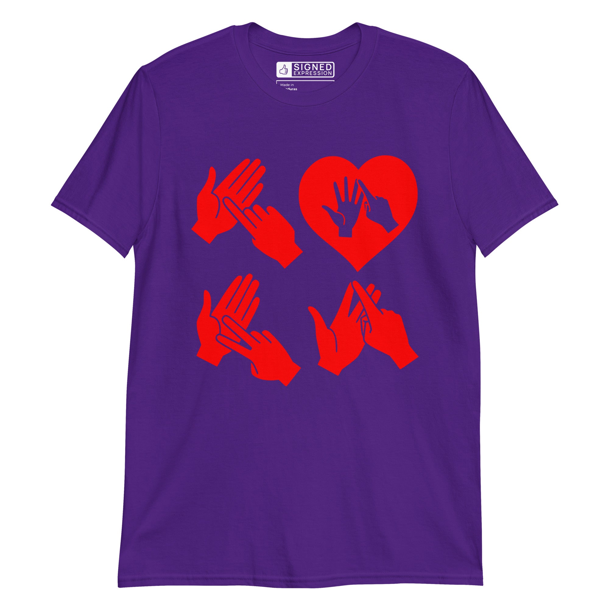 Purple coloured T-Shirt with the word Love in red BSL Fingerspelling with the 'O' embedded in a heart shape