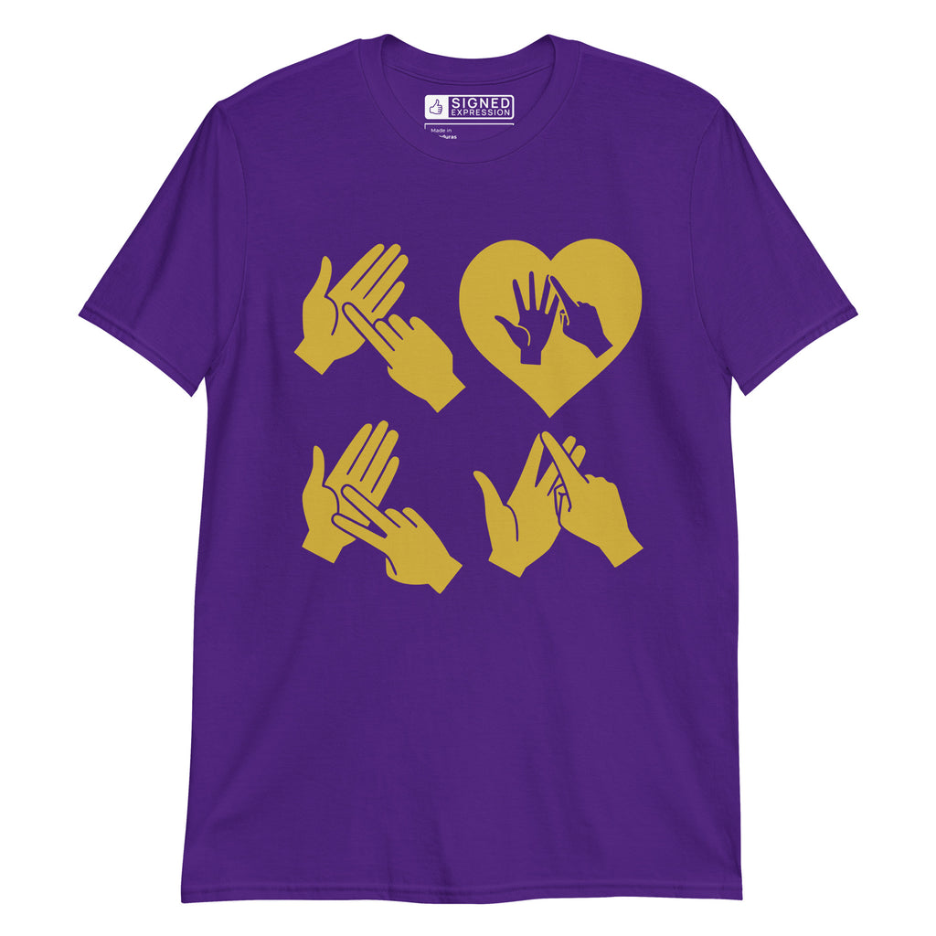 Purple coloured  T-Shirt with the word Love in gold BSL Fingerspelling with the 'O' embedded in a heart shape