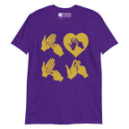 Purple coloured  T-Shirt with the word Love in gold BSL Fingerspelling with the 'O' embedded in a heart shape