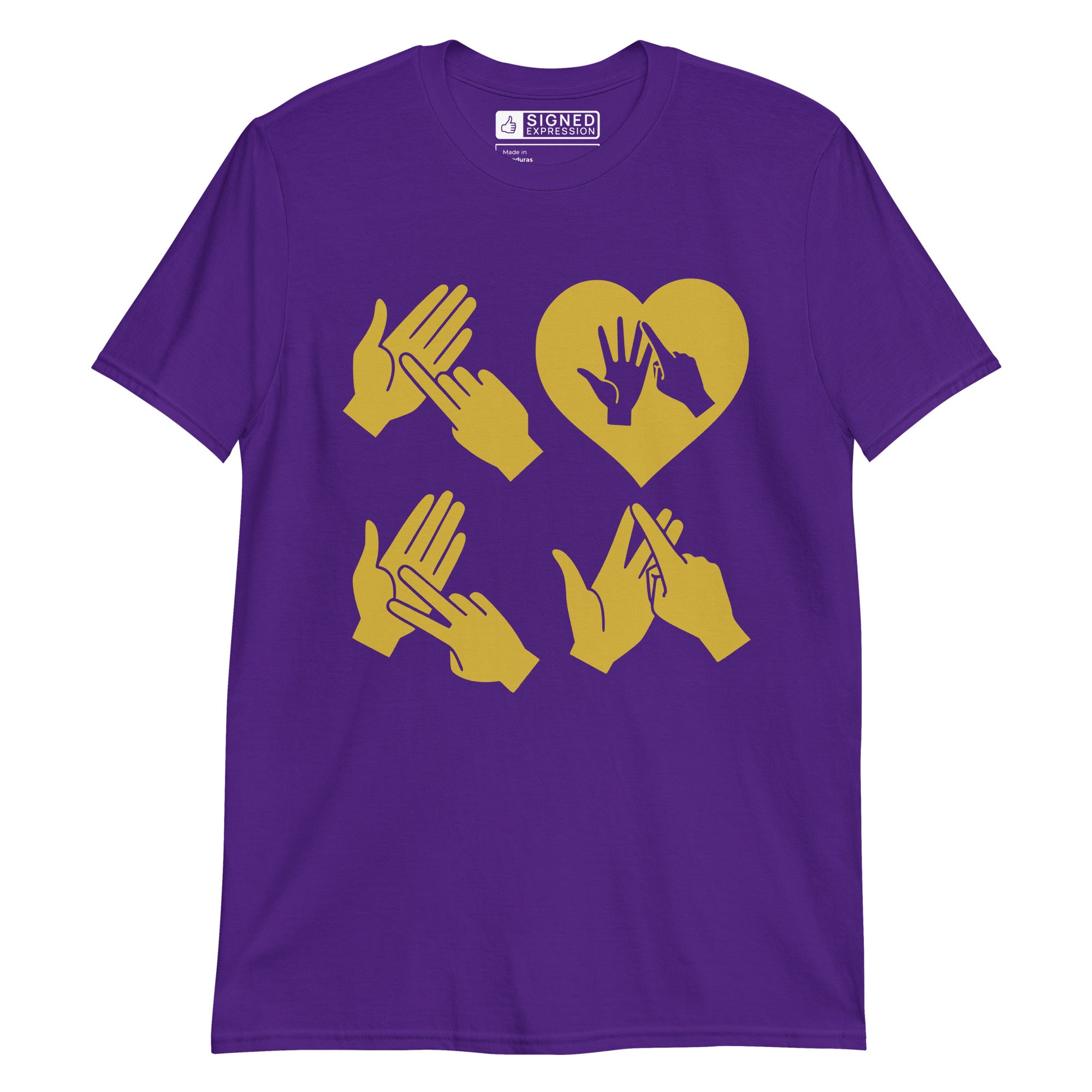 Purple coloured  T-Shirt with the word Love in gold BSL Fingerspelling with the 'O' embedded in a heart shape