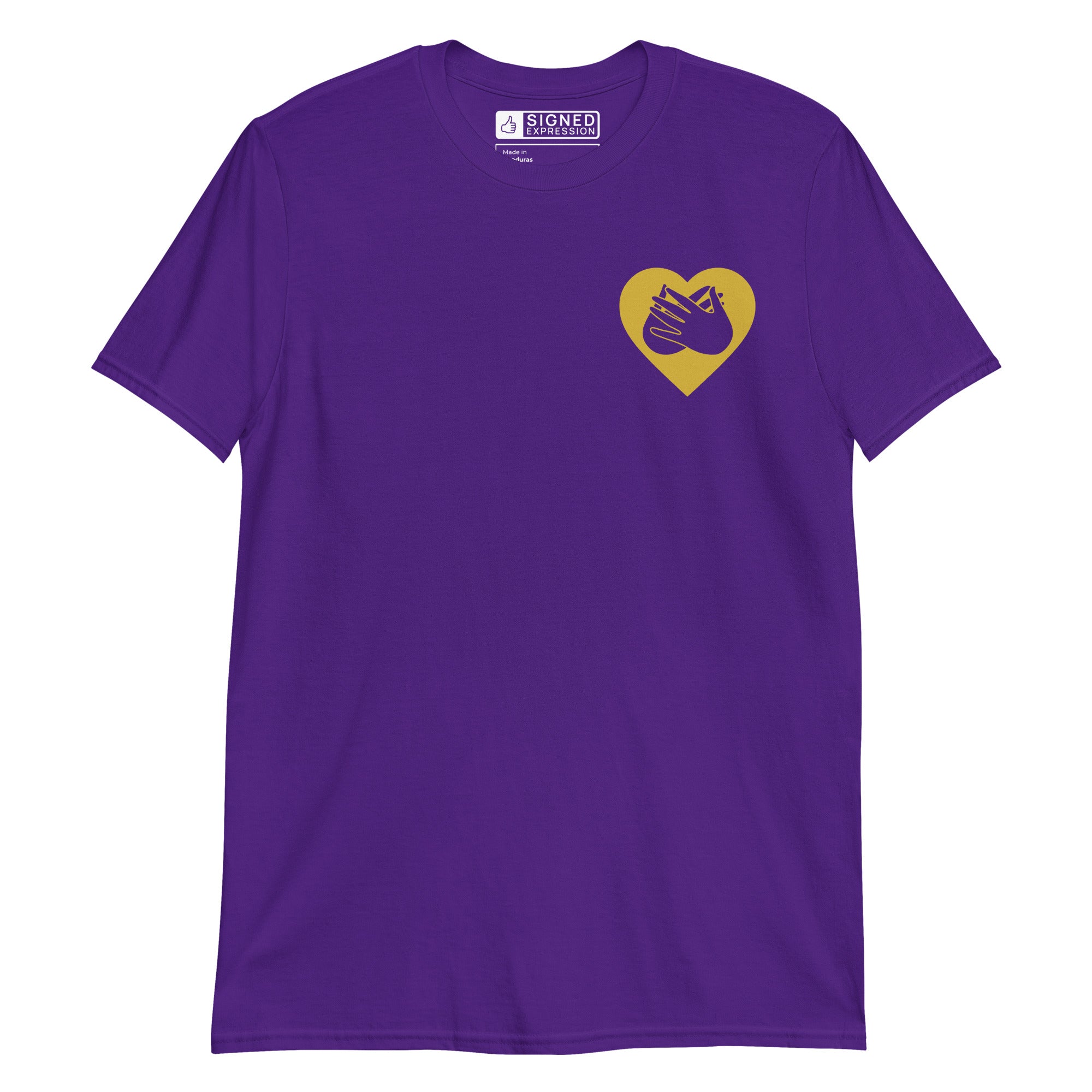 Purple coloured T-Shirt showing a gold coloured heart and the iconic BSL Love sign embedded in it on the left side of the chest