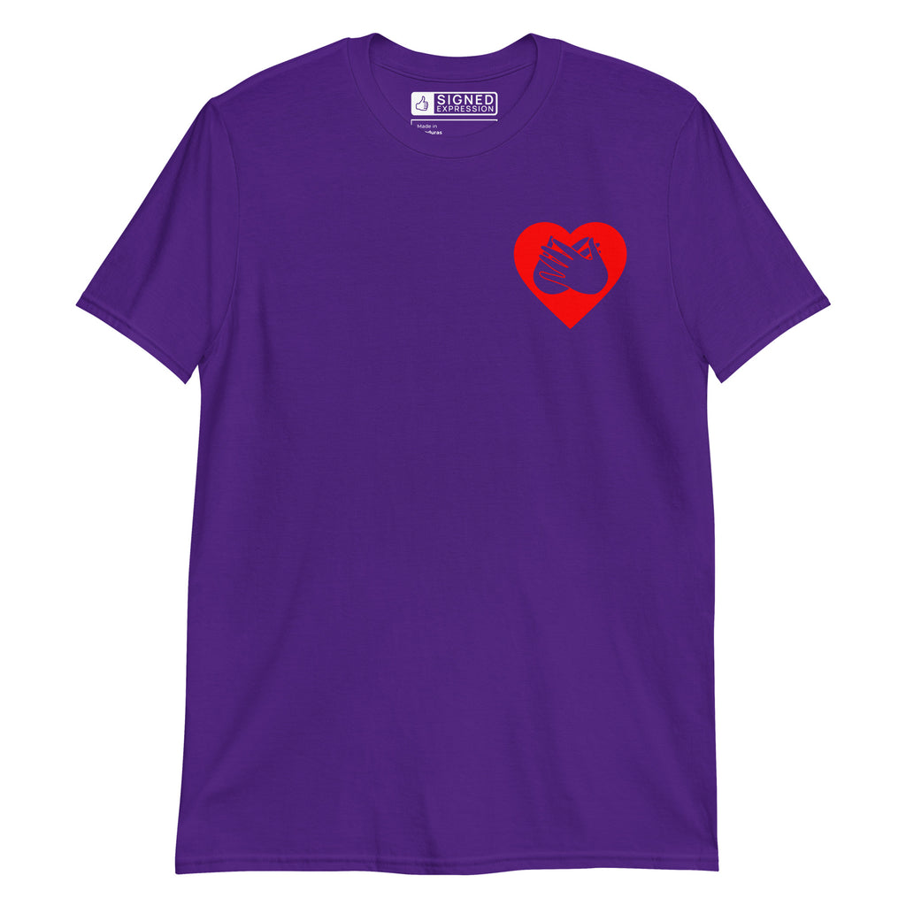 Purple coloured T-Shirt showing a red coloured heart and the iconic BSL Love sign embedded in it on the left side of the chest