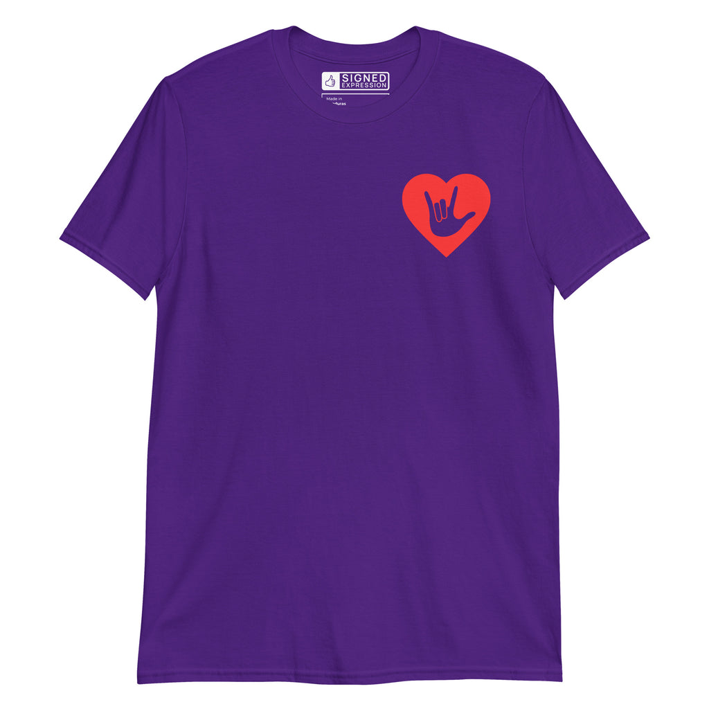 Purple coloured T-Shirt showing a red coloured heart and the iconic ASL I Love You sign embedded in it on the left side of the chest