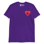 Purple coloured T-Shirt showing a red coloured heart and the iconic ASL I Love You sign embedded in it on the left side of the chest