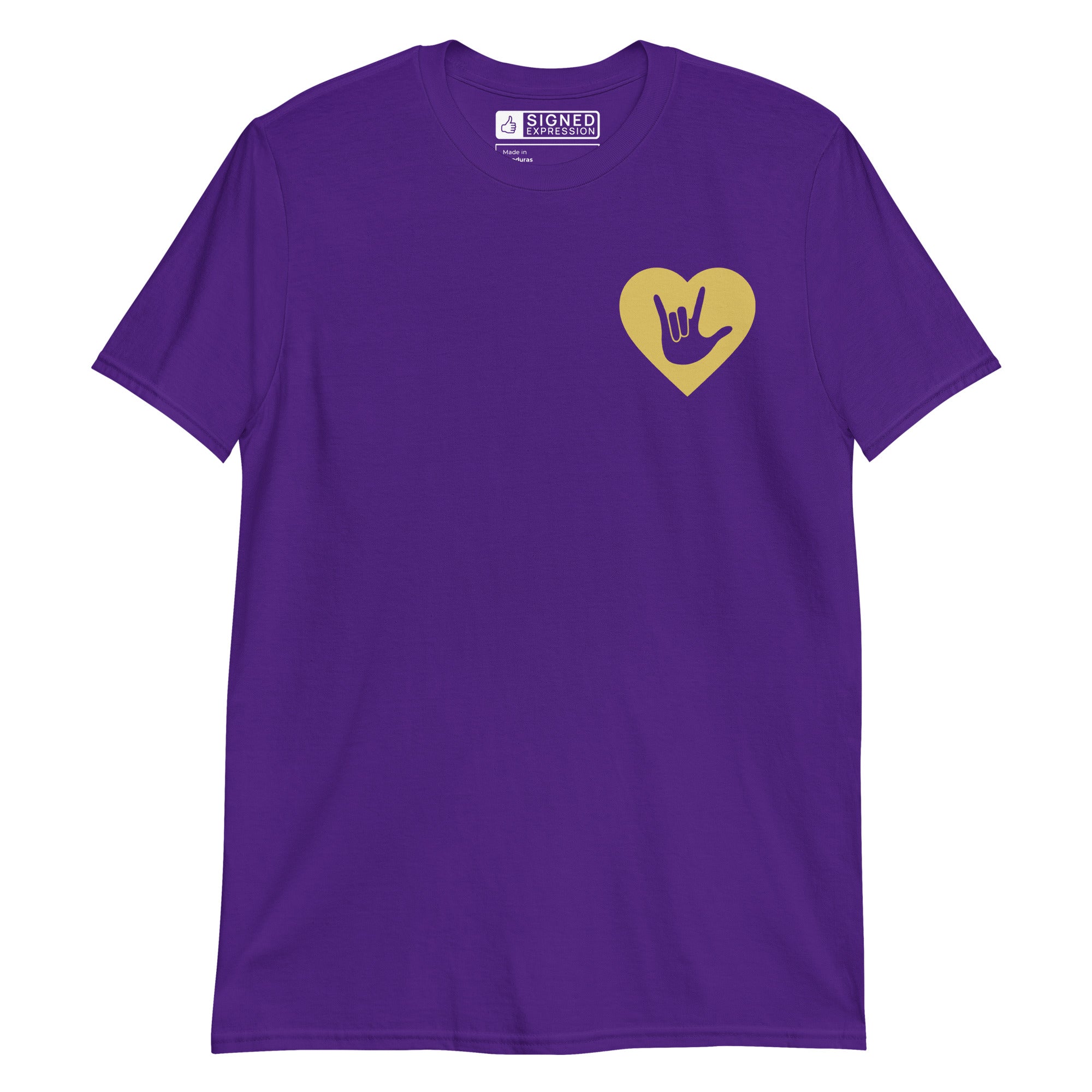 Purple coloured T-Shirt showing a gold coloured heart and the iconic ASL I Love You sign embedded in it on the left side of the chest
